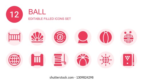 ball icon set. Collection of 12 filled ball icons included Cradle, Pearl, Chelsea, Crystal ball, Earth grid, Yarn, Beach Wool, Billiard