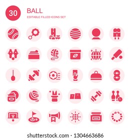 ball icon set. Collection of 30 filled ball icons included Tennis ball, Rattle, Brazil, Fitness Crystal Football, Cream, Awl, Fitness, Football Referee