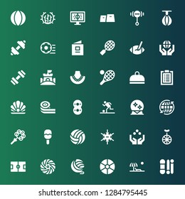 ball icon set. Collection of 36 filled ball icons included Knit, Beach, Ball, Yarn, Frisbee, Football field, Unicycle, Juggling ball, Negative ion, Volleyball, Rattle, Earth grid