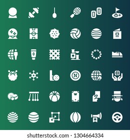 ball icon set. Collection of 36 filled ball icons included Racing game, Vuvuzela, Ball, Stretching, Magician, Red card, Billiard, Beach Newtons cradle, Balls, Earth grid