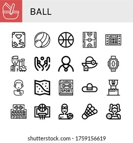 ball icon set. Collection of Moses basket, Pinball, Medicine ball, Basketball, Soccer field, Lotto, Football player, Juggling, Athlete, Pamela, Kneepad, Soccer player, Space map icons