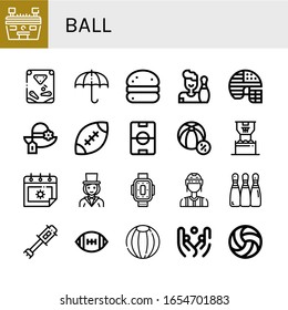 ball icon set. Collection of Stadium, Pinball, Sun umbrella, Bola de berlim, Bowling, Football helmet, Pamela, Rugby, Football field, Beach ball, Basketball, Summer, Magician icons