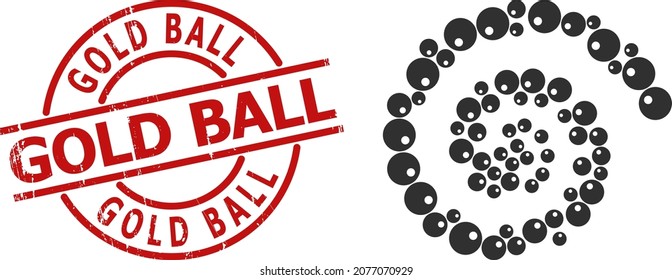 Ball icon spiral cycle composition, and GOLD BALL grunge stamp. Ball icons are composed into twist vector illustration. Red stamp seal has Gold Ball title inside round template.