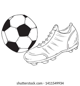 Ball icon. Vector illustration of a soccer ball with a football boot. Hand drawn shoes and ball for playing soccer.