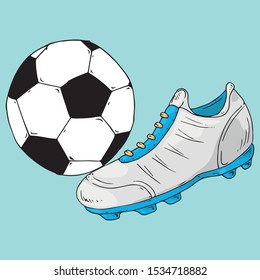 Ball icon. Vector illustration of a soccer ball with a football boot. Hand drawn shoes and ball for playing soccer.