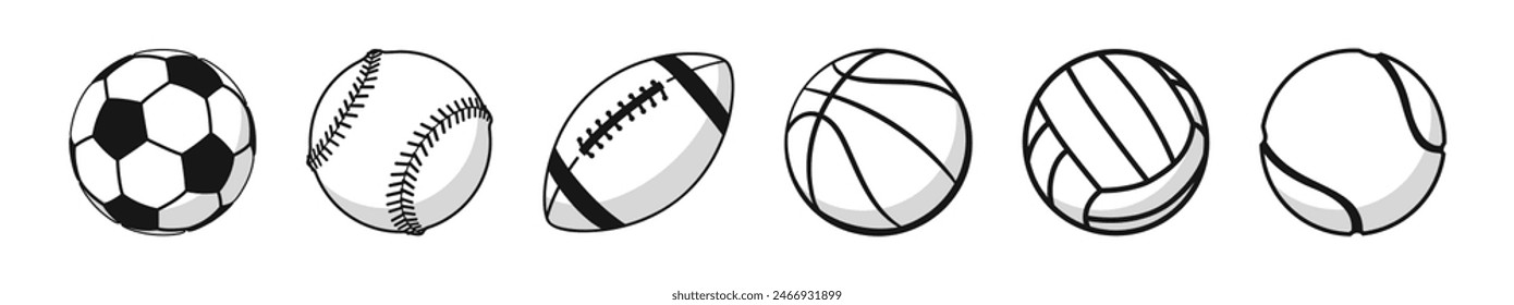 Ball icons. Balls for Football, Soccer, Basketball, Tennis, Baseball, Volleyball. 