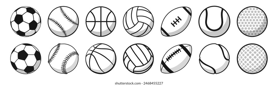 Ball icons. Balls for Football, Soccer, Basketball, Tennis, Baseball, Volleyball. 