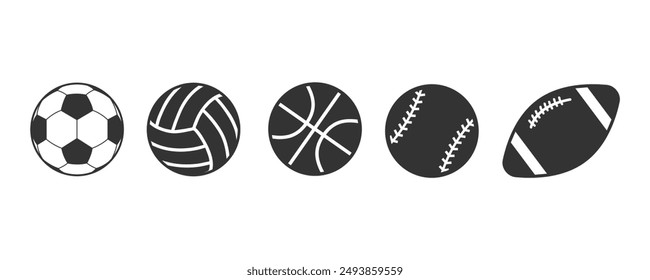 Ball icons. Balls for Football, Soccer, Basketball, Tennis, Baseball, Volleyball.