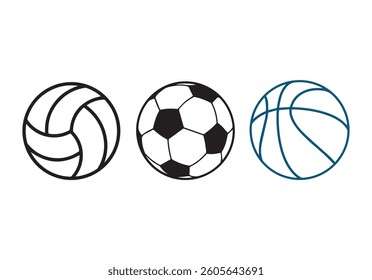 Ball icons. Balls for Football, Soccer, Basketball, Tennis, Baseball, Volleyball. 
