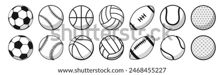 Ball icons. Balls for Football, Soccer, Basketball, Tennis, Baseball, Volleyball. 