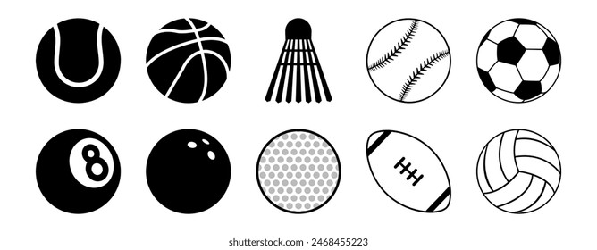 Iconos de pelota. Balones para fútbol, fútbol, tenis, golf, boliche, baloncesto, hockey, voleibol, rugby, billar, béisbol. Conjunto de iconos planos mínimos de las bolas deportivas