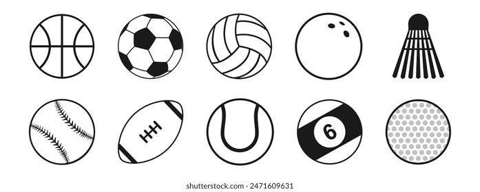 Iconos de pelota. Balones para fútbol, fútbol, tenis, golf, boliche, baloncesto, hockey, voleibol, rugby, billar, béisbol. Conjunto de iconos planos mínimos de las bolas deportivas