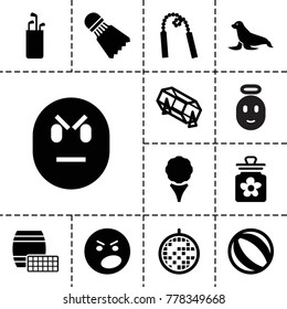 Ball icons. set of 13 editable filled ball icons such as lottery, angry emot, golf, golf putter, shuttlecock, chain weapon, seal, baby toy, lotto