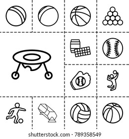 Ball icons. set of 13 editable outline ball icons such as ball, baby toy, biliard triangle, lotto, plastic ball, basketball, volleyball player, football player, baseball glove