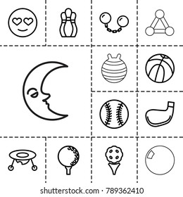 Ball icons. set of 13 editable outline ball icons such as baby toy, basketball, emot in love, golf, golf ball, golf stick, bowling, connection
