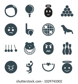 Ball icons. set of 16 editable filled ball icons such as seal, baby toy, angry emot, emoji angel, volleyball player, bowling, cradle, biliard triangle