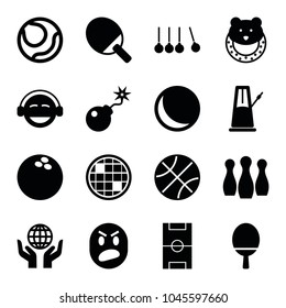 Ball icons. set of 16 editable filled ball icons such as baby toy, sphere, emoji, volleyball, basketball, ping pong racket, bomb, football pitch, pendulum, cradle, bowling