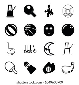 Ball icons. set of 16 editable filled and outline ball icons such as bowling ball, beach ball, baseball glove, shuttlecock, table tennis, pendulum, cradle, ping pong racket