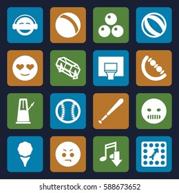 ball icons set. Set of 16 ball filled icons such as ball, baby toy, lottery, angry emot, emot in love, emoji, board game, basketball basket, baseball, pendulum, eating mouth
