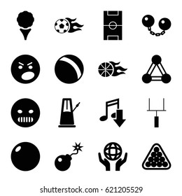Ball icons set. set of 16 ball filled icons such as connection, ball, billiards, angry emot, holding globe, bomb, football pitch, goal post, pendulum, eating mouth