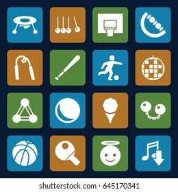 Ball icons set. set of 16 ball filled icons such as connection, baby toy, emoji angel, basketball basket, football player, baseball bat, table tennis, ball chain, chain weapon