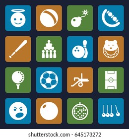 Ball icons set. set of 16 ball filled icons such as ball, baby toy, emoji angel, angry emot, bomb, disco ball, football pitch, bowling, cannon