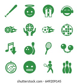 Ball icons set. set of 16 ball filled icons such as angry emot, emoji angel, emoji, crying emoji, holding globe, disco ball, tennis playing, football ball, tennis rocket