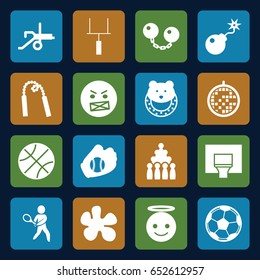 Ball icons set. set of 16 ball filled icons such as baby toy, emoji angel, angry emot, bomb, disco ball, tennis playing, basketball basket, goal post, baseball glove, fotball
