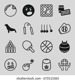 Ball icons set. set of 16 ball filled and outline icons such as seal, angry emot, baby toy, holding globe, bomb, board game, chain weapon, baseball glove, lotto, cradle