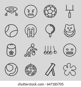 Ball icons set. set of 16 ball outline icons such as baby toy, disco ball, cannon, goal post, golf ball, basketball player, fotball, angry emot, crying emoji