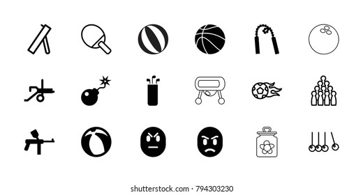Ball icons. set of 18 editable filled and outline ball icons: paintball, bomb, basketball, chain weapon, cannon, cradle, bowling, ping pong racket, golf putter, baby toy