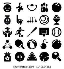 Ball icons. set of 25 editable filled ball icons such as billiards, angry emot, emoji angel, bowling ball, ice cream ball, volleyball, ping pong racket, basketball basket