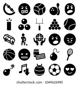 Ball icons. set of 25 editable filled ball icons such as baby toy, lottery, angry emot, emot in love, eating mouth, lotto, fit ball, holding globe, bomb, golf player