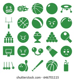 Ball icons set. set of 25 ball filled icons such as ball, baby toy, angry emot, ice cream ball, basketball, goal post, bowling, shuttlecock, table tennis, biliard triangle