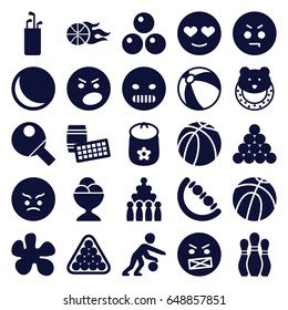 Ball icons set. set of 25 ball filled icons such as baby toy, beach ball, billiards, angry emot, emot in love, ice cream ball, basketball, table tennis, bowling