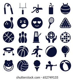 Ball icons set. set of 25 ball filled icons such as baby toy, billiards, emot in love, angry emot, holding globe, goal post, tennis rocket, golf ball, football player, bowling