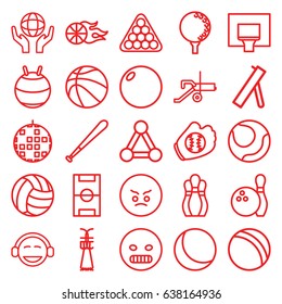 Ball icons set. set of 25 ball outline icons such as connection, ball, billiards, holding globe, cannon, football pitch, basketball, basketball basket, golf ball