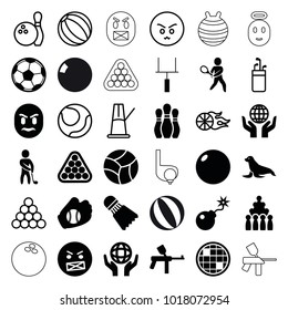 Ball icons. set of 36 editable filled and outline ball icons such as angry emot, bowling, paintball, bowling ball, holding globe, bomb, tennis playing, golf player, goal post