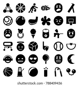 Ball icons. set of 36 editable filled ball icons such as connection, baby toy, angry emot, emoji angel, emot in love, emoji, bowling ball, paintball, golf, plastic ball