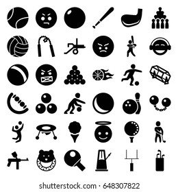 Ball Icons Set. Set Of 36 Ball Filled Icons Such As Ball, Baby Toy, Lottery, Angry Emot, Emoji Angel, Emoji, Baseball Player, Golf Player, Basketball, Goal Post, Golf Ball