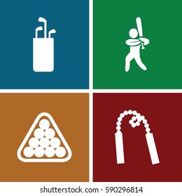 ball icons set. Set of 4 ball filled icons such as billiards, baseball player, chain weapon