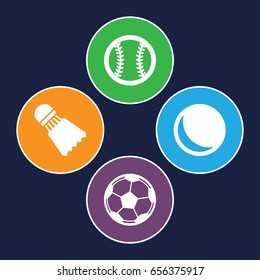 Ball icons set. set of 4 ball filled icons such as baseball, shuttlecock, fotball