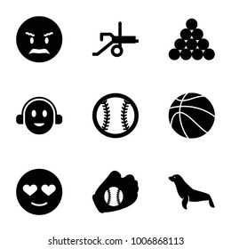 Ball icons. set of 9 editable filled ball icons such as seal, angry emot, emot in love, biliard triangle, baseball glove, baseball, basketball, cannon