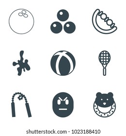 Ball Icons. Set Of 9 Editable Filled And Outline Ball Icons Such As Baby Toy, Canon Ball, Chain Weapon, Tennis Rocket