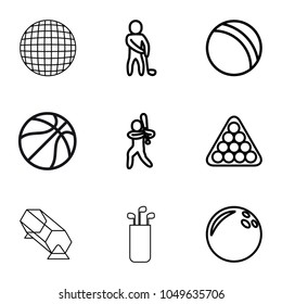 Ball icons. set of 9 editable outline ball icons such as ball, billiards, bowling ball, golf player, lottery