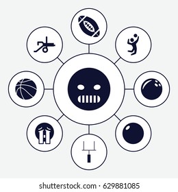 Ball icons set. set of 9 ball filled icons such as angry emot, crying emoji, volleyball player, goal post, american football, basketball, cannon
