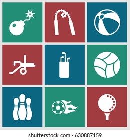Ball icons set. set of 9 ball filled icons such as bomb, bowling, chain weapon, cannon