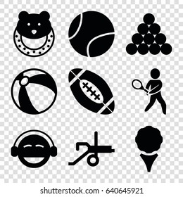 Ball icons set. set of 9 ball filled icons such as beach ball, baby toy, emoji, tennis playing, cannon, biliard triangle