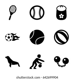 Ball icons set. set of 9 ball filled icons such as seal, baby toy, football ball, tennis rocket