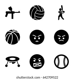 Ball icons set. set of 9 ball filled icons such as baby toy, angry emot, basketball, baseball player, baseball, volleyball